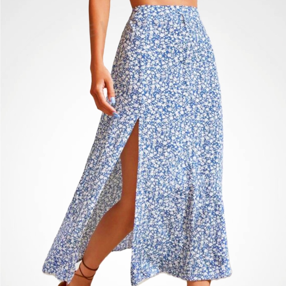 Midi Blue and White Floral Skirt with Slit